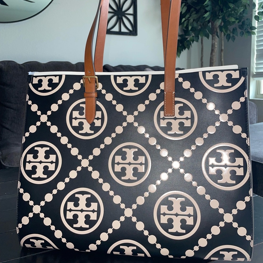 T MONOGRAM CONTRAST EMBOSSED TOTE